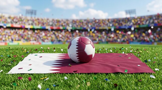 Qatar flag with soccer ball on green field in stadium with confetti