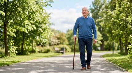 Fototapeta premium Senior man walking with a wooden cane in a sunny park. Active elderly male enjoying outdoor leisure and mobility