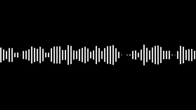 A stark white sound wave visualization composed of vertical bars of varying heights against a solid black background, representing audio signals, music, or data representation. Keywords: sound