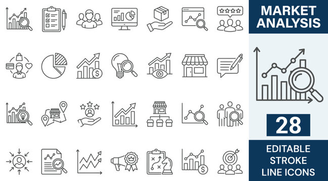 Market Analysis line editable icon set. Containing market, growth, sales, trends, market, research, strategy, and more. Editable stroke. Vector illustration