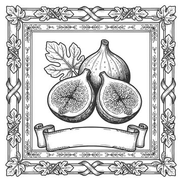 label design featuring figs, fig leaves, ornate border, and blank banner for jam packaging sketch engraving generative ai raster illustration. Scratch board imitation. Black and white image.