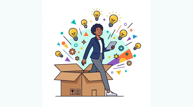 Businessman stepping out of a cardboard box surrounded by creative ideas and colorful shapes in an office environment.