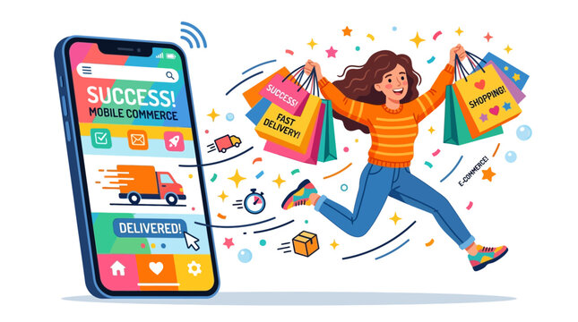 Woman jumping with shopping bags surrounded by colorful icons near smartphone