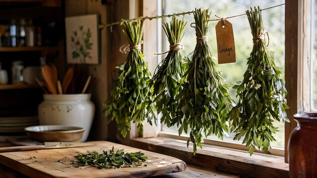 lovage. Rustic kitchen windowsill with bundles of drying lovage herbs on a wooden surface in soft afternoon light. menu design.