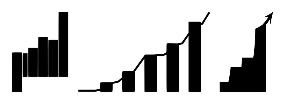 Solid black icon, white background: upward stock candlestick chart set with simple line art design featuring line art, illustrations, graphic resources with vector and design elements