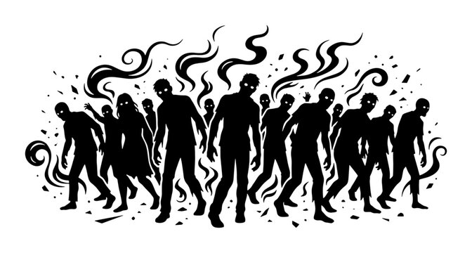 Silhouette Zombie Horde, Dark Smoke Swirls, Spooky Halloween Vector Art, Horror Night Crowd