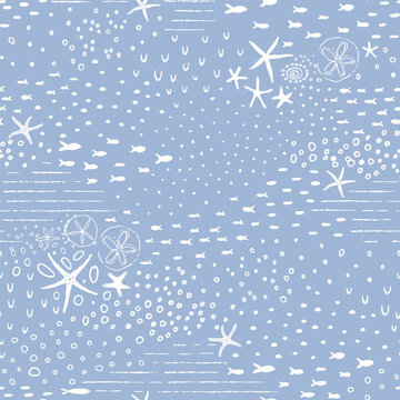 Sea seamless pattern with whimsy marine doodle design elements. Vector texture illustration for fabric, wallpaper, home textile on blue background. Hand-drawn abstract print.