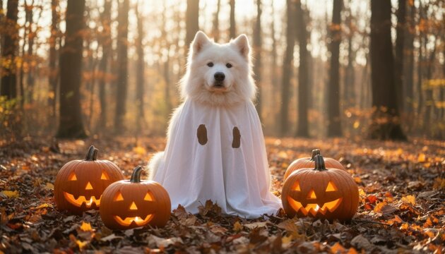 Halloween dog in ghost costume, white fluffy puppy with sheet and pendant. Jack-o-lantern pumpkins in autumn forest