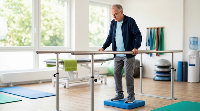 Senior man practicing balance on a foam board in physical therapy. Elderly patient using parallel bars for stability training. Fall prevention exercise in modern gym