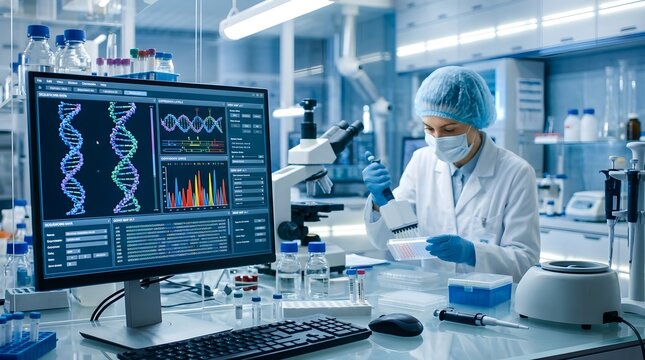 Scientist analyzing genetic data in a modern laboratory