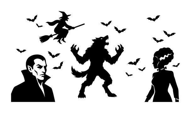 Halloween Vector Icons: Dracula, Werewolf, Witch, Bride of Frankenstein, Bats, Spooky Celebration
