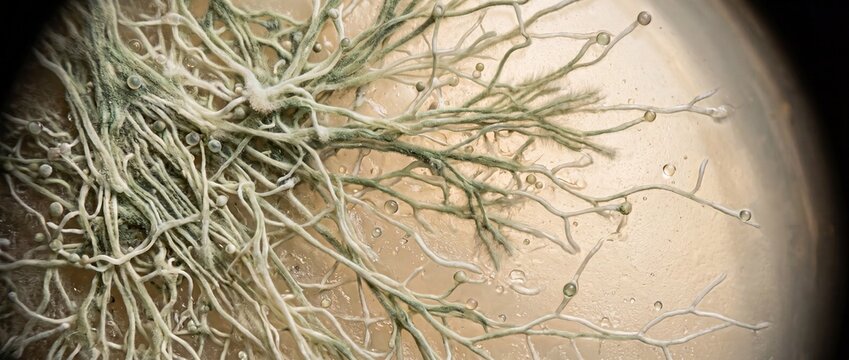 Scientific micro view of complex fungal colony growth with branching hyphae and spores developing inside petri dish culture