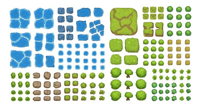 Set of hand drawn cartoon map tiles for game design and illustration