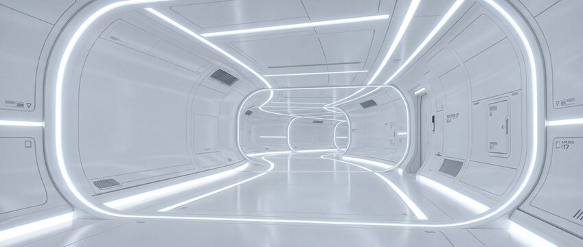 Futuristic white hallway inside large spaceship with bright glowing neon strip lights and sterile modern minimalist design