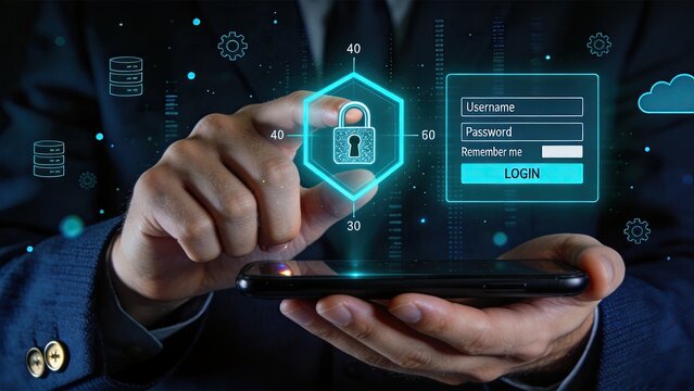 Mobile security and login authentication concept, businessman touching virtual lock screen on smartphone, data protection and privacy password entry interface for cyber safety