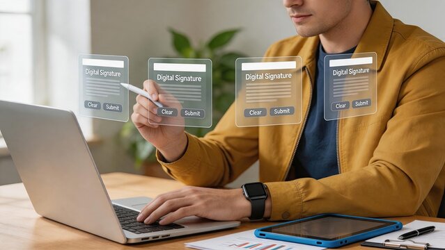 Businessman signing digital documents on laptop screen, modern office workflow with holographic interface for paperless contract approval and electronic signature technology