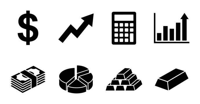 Financial Icons Set: Dollar, Growth Chart, Calculator, Money Stack, Pie Chart, Gold Bars, Investment