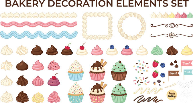 Bakery Decoration Elements Set Featuring Whipped Cream Borders, Pastry Icing Swirls, Frosted Cupcakes with Toppings, Sugar Sprinkles, and Sweet Cake Design Accents