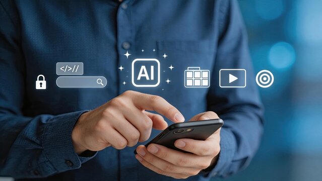 Person using smartphone with artificial intelligence AI and multimedia icons overlay, mobile app development and digital lifestyle concept.