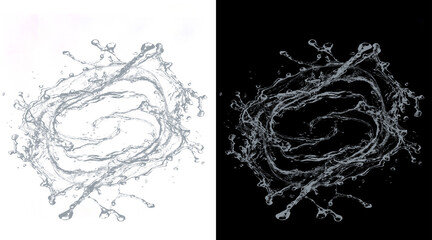 Obraz premium Dynamic water splash crown on white and black background, liquid swirl ripple effect, refreshing clear water burst for beverage advertising