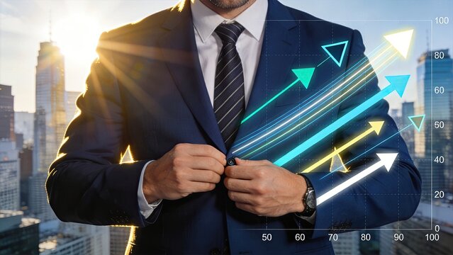 Confident businessman adjusting suit jacket with rising growth arrows overlay on city skyline background, representing financial success and corporate leadership strategy