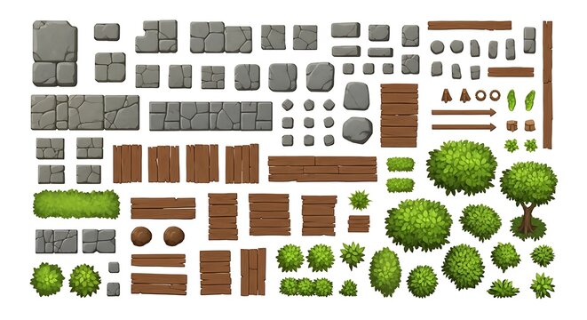 Top down game map assets with stone paths and green garden bushes