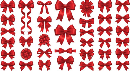 Obraz premium Red Gift Bow and Silk Ribbon Vector Set Featuring Glossy Satin Bowknots, Festive Christmas Wrapping Ties, Curly Streamers, and Decorative Rosette Elements Collection