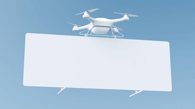 Futuristic drone carrying large blank billboard mockup in blue sky