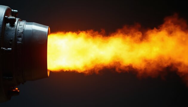 Jet engine exhaust emits bright orange flames and smoke against dark background. Powerful thrust from aircraft engine nozzle. High speed propulsion of jet fighter.