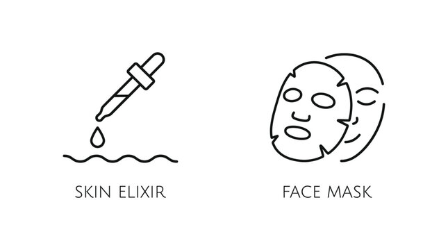 Hand drawn illustration of skin elixir bottle and face mask for skincare routine.