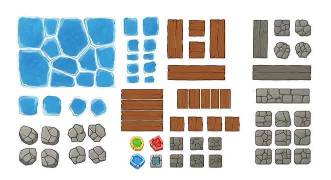 Set of cartoon game assets with rocks wood planks and water tiles