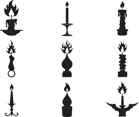 Fototapeta premium Collection of various black silhouette candle and torch graphic illustrations