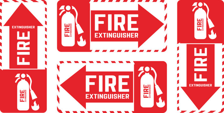 Fire extinguisher location and safety signage set. Emergency red arrow labels for fire protection.