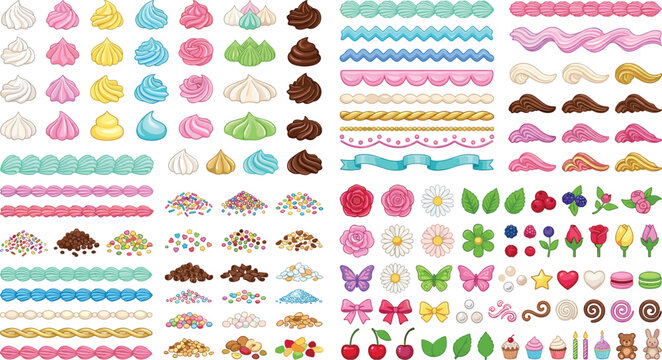 Sweet Cake Decoration Vector Set Featuring Whipped Cream Dollops, Colorful Frosting Borders, Sugar Sprinkles, Fresh Berries, Edible Flowers, and Pastry Topping Elements