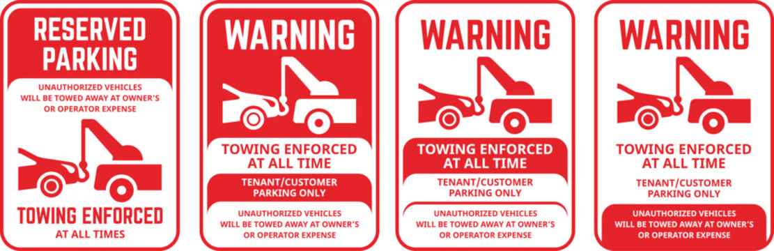 Reserved parking and towing enforcement warning labels. Red rectangular danger signs for private property.