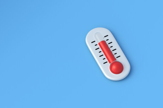 Outdoor thermometer with red scale on blue background. Copy space. 3d render