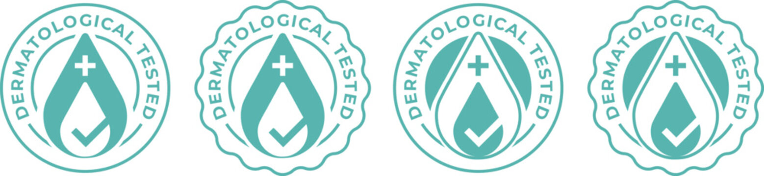 Dermatologically tested product certification seal. Quality assurance and skin-safe cosmetic label icons.