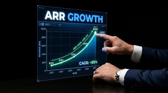 Businessman pointing at a holographic screen displaying ARR growth chart and financial data.