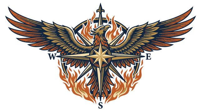 Flaming phoenix eagle emblem with compass points star vector logo.