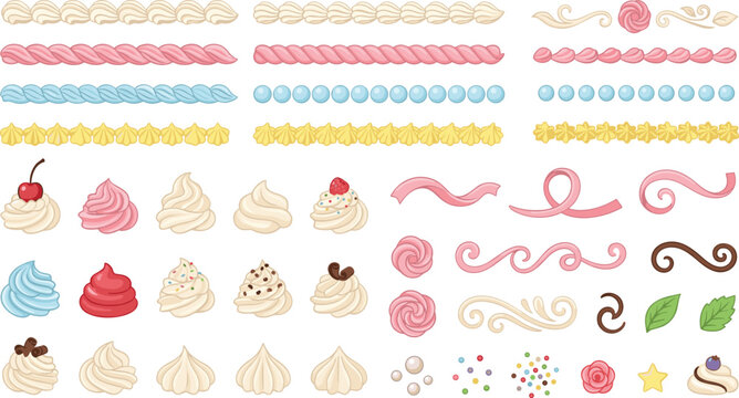 Whipped Cream Cupcake Topping and Pastel Icing Border Vector Set Featuring Cake Frosting Piping Swirls, Cherries, Sprinkles, and Sweet Pastry Decorative Ribbons