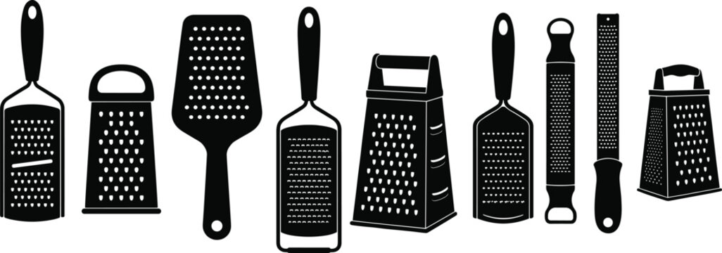 Black silhouette illustration of various kitchen graters and zesters arranged in a row for cooking utensil and culinary design concept