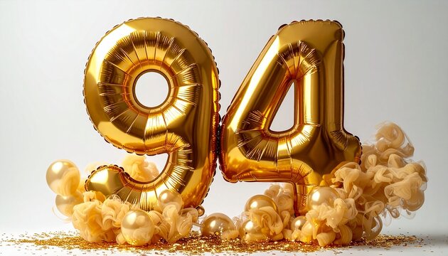 Golden balloons and confetti celebrating 94 years.