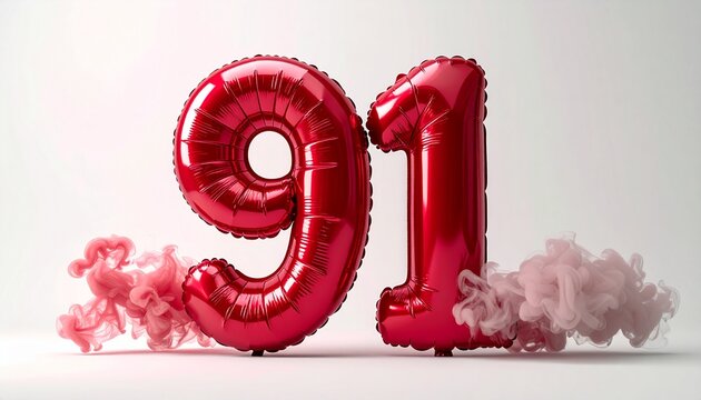 Red balloons in pink smoke display.