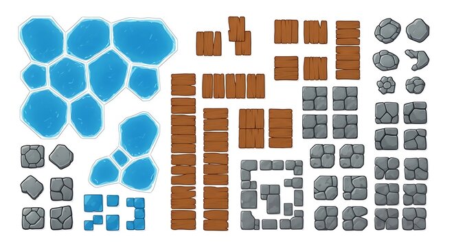 Top down game map tile set with water land and stone path elements