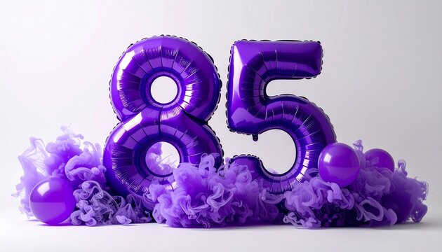 Purple balloons and decorations for 85th birthday celebration.