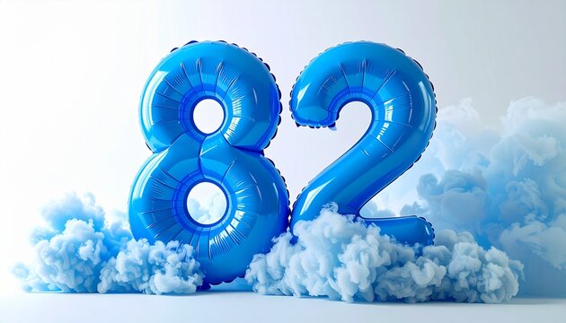 Blue balloons in the shape of eighty-two.