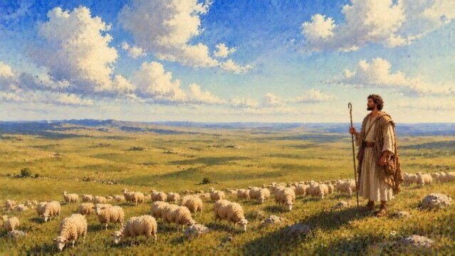 広大な牧草地で羊の群れを見守る羊飼いの風景イラスト