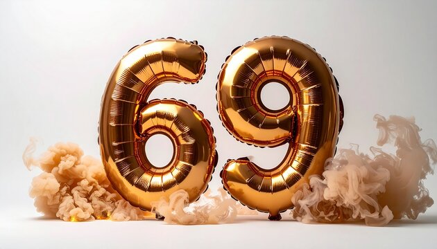 Golden balloons in the shape of sixty nine.