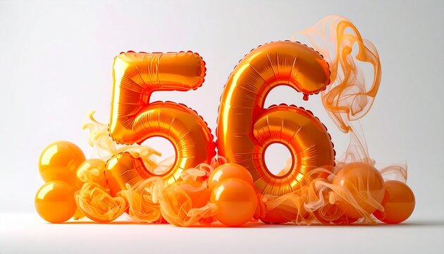 Vibrant orange balloons and ribbons celebrate a festive event with the number fifty-six prominently displayed on a clean white surface.