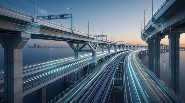 Futuristic highway interchange with glowing light trails and wireframe overlay